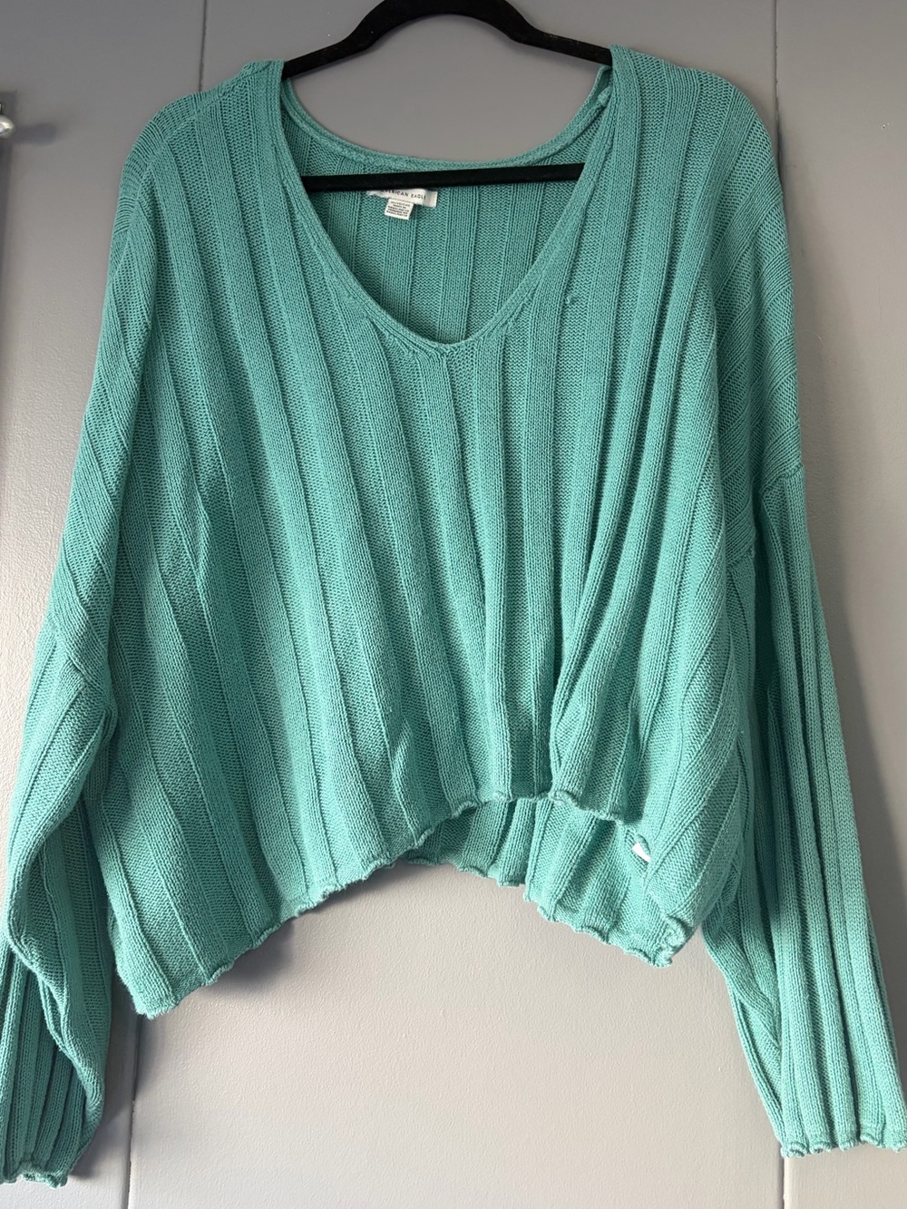 American Eagle Outfitters Teal Ribbed V-Neck Sweater